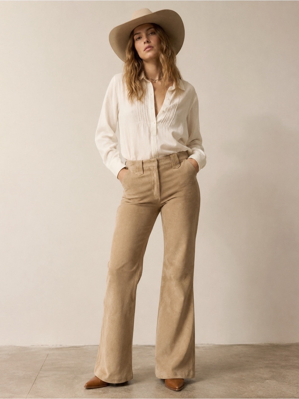 VTG 90s Y2K Dex Women Tan Suede Leather Bootcut Flare Pants US9 Western Boho